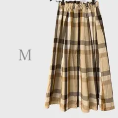 チェック柄ロングフレアスカート　ウエストゴム　ブラウン系　Ｍ　カジュアル