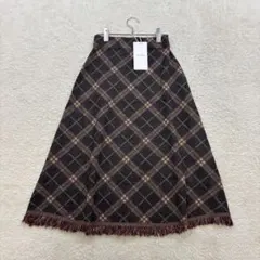 ジンワン【F】美品 グレー×赤×薄茶 チェック柄 Aライン スカート 裾フリンジ