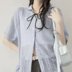 MONO-MART リボンタイスキッパーレースシアーシャツ サックスブルーのサムネイル