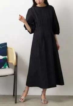 【美品】オペークドットグリップ　バルーン袖　ロングワンピース