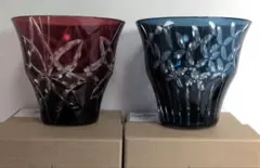 東洋佐々木ガラス　キリコ 赤色 青色　カットガラス コップ オンザロック　2個