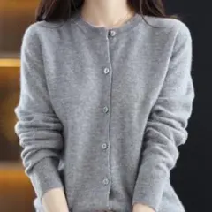 カーディガン　ニット　カシミヤタッチ　長袖　ボタン　レディース　ラウンド　グレー