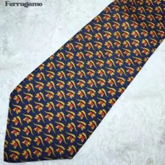【Ferragamo】アニマル総柄 ネクタイ シルク 伊製 ネイビー系 美品