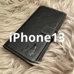 iPhone13 手帳型スマホケース　レザー　黒　猫　仔猫　シンプル　シルエット