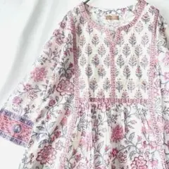 A4 パステルくすみ青xモーブ✴︎インド更紗 ボタニカル ブロック