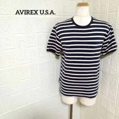 AVIREX 半袖Tシャツ ボーダー ストレッチ ネイビー カジュアル 洗えるMのサムネイル