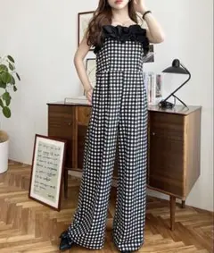 ギンガムチェック オールインワン サロペット ワイドパンツ フリル 大人可愛い