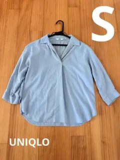 UNIQLO スキッパーシャツ 七分袖 ライトブルー S オフィス　ブラウス