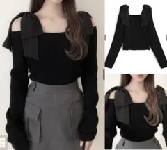 新品 GRL オフショルダーリボンストラップニットトップス[mb1546] L