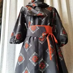 着物リメイク大島紬ロングワンピース、サッシュベルト付 Ａライン　身頃お裏付