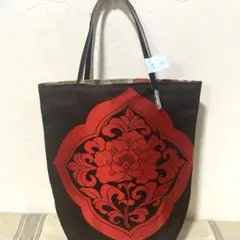 2757ミニ：黒檀色に弁柄色の牡丹草花文様　帯 バッグ リメイク ハンドメイド