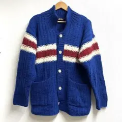 青色ニットセーター ストライプデザイン　 カウチンニット