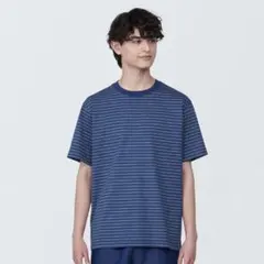 無印良品　紳士　天竺編みクルーネック半袖Ｔシャツ（ボーダー）紳士Ｓブルーボーダー