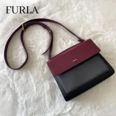 美品☆ FURLA フルラ フラップショルダーバッグ ダークグレー× ボルトー