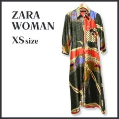 【良品】ザラウーマン シャツワンピース 長袖 スカーフ柄 ハイウエスト オレンジ