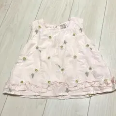 petit main 花柄刺繍のピンクノースリーブトップス 90cm