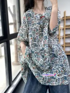 大きいサイズ プリント ゆったり ラウンドネック ブラウス カジュアル 五分袖