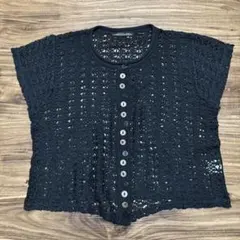 透かし編み クロシェニット 半袖カーディガン ブラック レディース M〜L