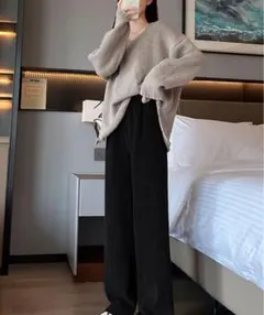 裏起毛　ケーブル柄コーデュロイストレートスウェットパンツ