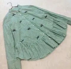 美品　ロイスクレヨン　シャツ　ブラウス　ツバメ　刺繍　ストライプ　フリル
