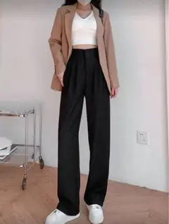ブラック ワイドレッグ スラックス ハイウエストストレートレッグ スーツパンツ