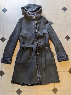 SKIN VALLEY ラムレザー ムートンコート ベルト/フード付き 黒 42