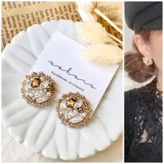 ウェディング ビーズ刺繍×パールスターピアス/イヤリング