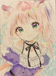 り*う様 【色紙☆原画】狐面 猫耳 女の子 オリジナルイラスト アナログ 手描き o*n様 【一点物 手描き 原画】 猫耳 女の子 オリジナルイラスト
