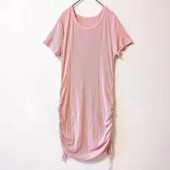 ピンク リブワンピース シャーリング 半袖 タイトワンピース ひざ丈 ストレッチ