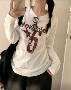 ホワイト 長袖 Tシャツ プリントデザイン Lサイズ