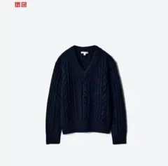 UNIQLO ケーブルニット Vネック ネイビー