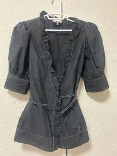 GANNI ラッフル ラップブラウス 半袖 ブラックのサムネイル