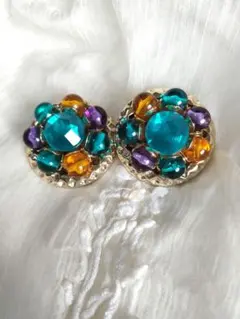 ブルーグリーン×パープル×イエロー　円形イヤリング　ゴールド台