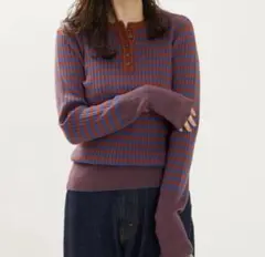 FREAKS STORE カラーボーダーヘンリーネックニット 赤茶、青系