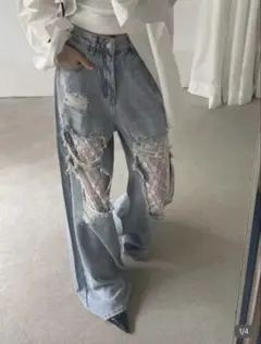 値下げ⭕️レース切り替え デニム ダメージジーンズ