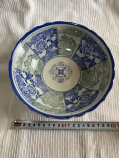 昭和レトロ　青と緑の花模様　鉢　陶器