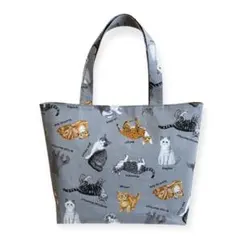 大きいトートバッグ A4 外ポケット 肩掛け ハンドメイド 猫 猫柄 グレー