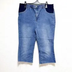 【マタニティ】カットオフ デニム クロップドパンツ ウエストゴム 裾フリンジ
