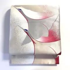 5k2913 袋帯　絹　鶴　唐織　白　ピンク　銀色　柄物　和装　着物