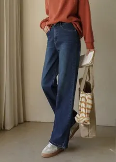 [ジャストワン]クロップド丈 デニム・ジーンズ ダークブルー 起毛