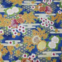 和柄 金縁 キルトゲイト QUILT GATE 青地 鼓と花柄 はぎれ 生地