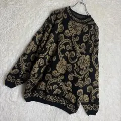 ✮なみさん様専用　L　ニット　セーター　USA製　黒×金　バロック調　レトロ