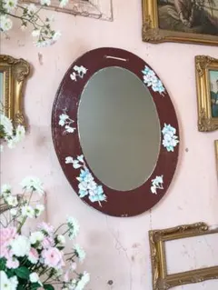 90sFrance vintage 希少花柄オーバルアンティーク　ウッド壁掛け鏡