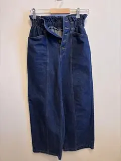ダークブルー ハイウエストワイドデニムパンツ Mサイズ ウエストゴム