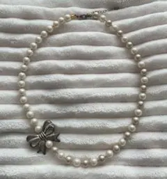 パールビーズ ネックレス リボンモチーフ 【ほぼ未使用/美品】 クラシカル