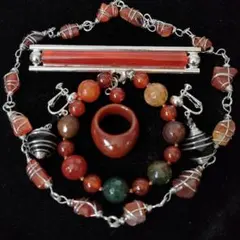 天然 カーネリアン オニキス 縞瑪瑙 ネックレス 14号 リング 5点 j61
