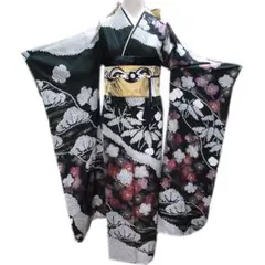 個性派◇難あり 振袖単品□168cm◇成人式ブラック系黒正絹前撮り撮影 