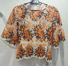 リリーブラウン花柄レースフレアスリーブトップス