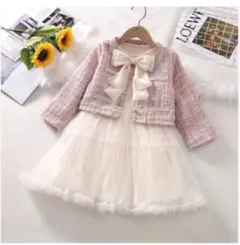 110フォーマルワンピース ピンク ジャケットツイードお食い初め 七五三 入園式