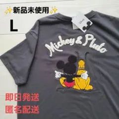 ディズニー ミッキー プルート 後ろ向き メンズ 半袖 Tシャツ サガラ刺繍 Lのサムネイル